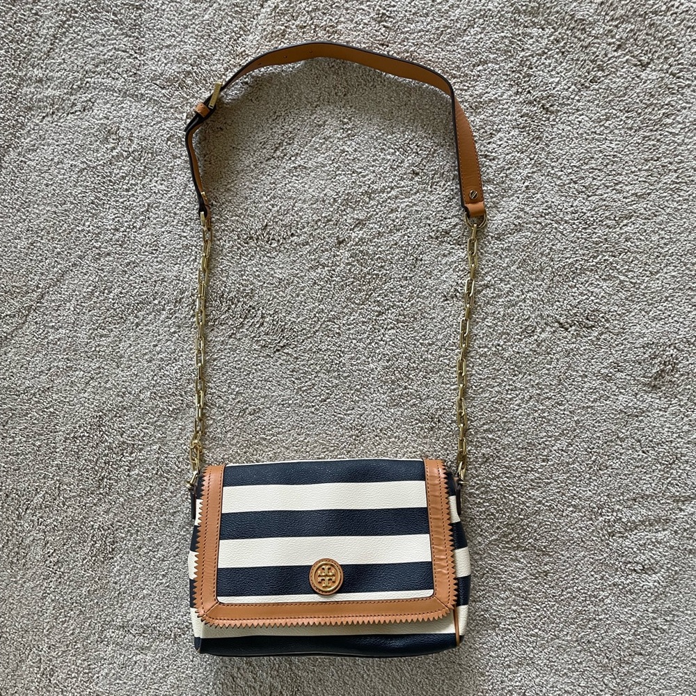 Tory Burch Kerrington Striped Navy Vinyl Crossbody